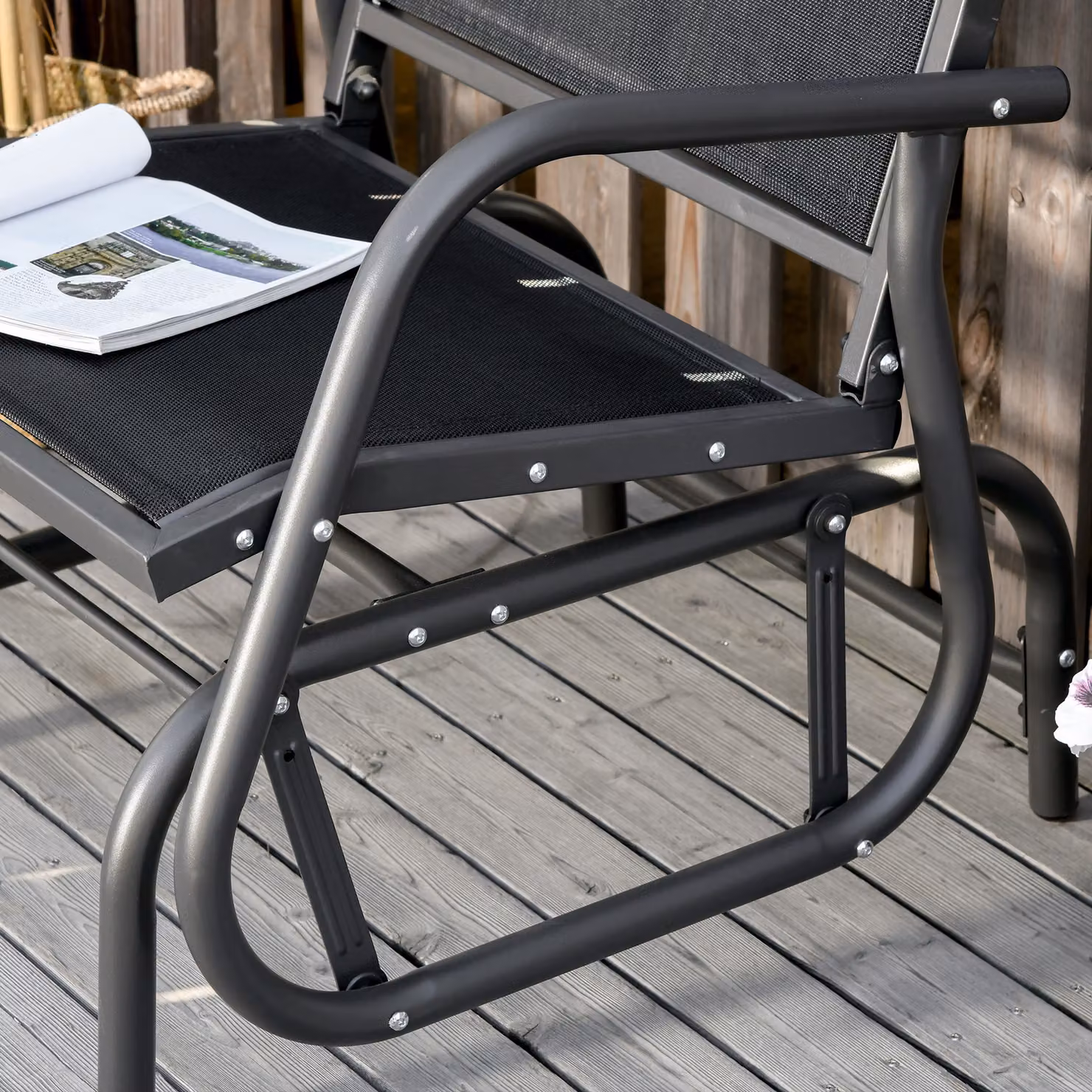 Outsunny Outdoor Gliding Swing Chair with Textilene Mesh Seat and Armrests in Dark Grey and Black – 8