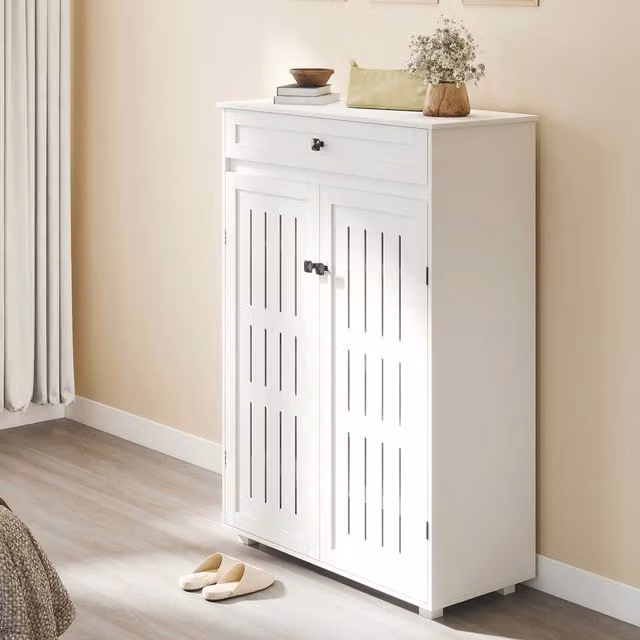 Levede White Classic Freestanding Shoe Cabinet with Hinged Doors and Internal Shelves, W/D/H: 37 x 37 x 116 cm