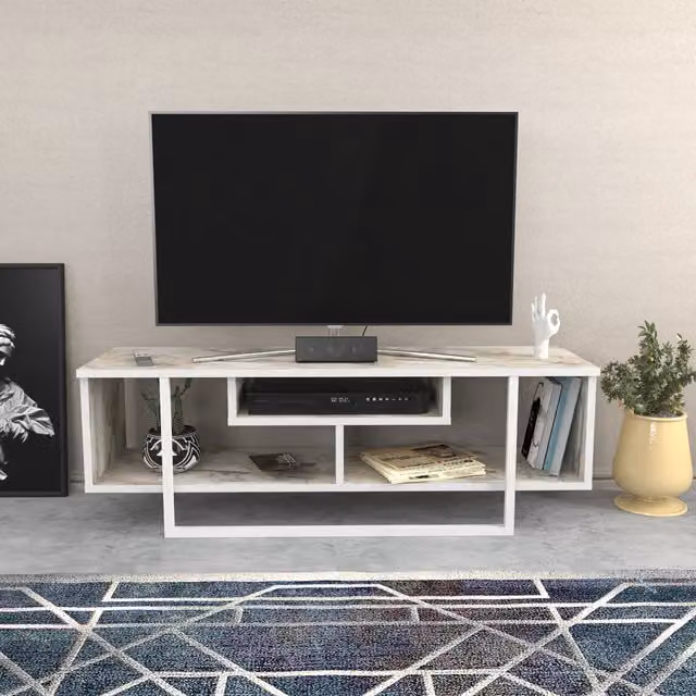 Decorotika Asal Minimalist TV Unit in White Marble Effect and Gold, Width: 120 cm