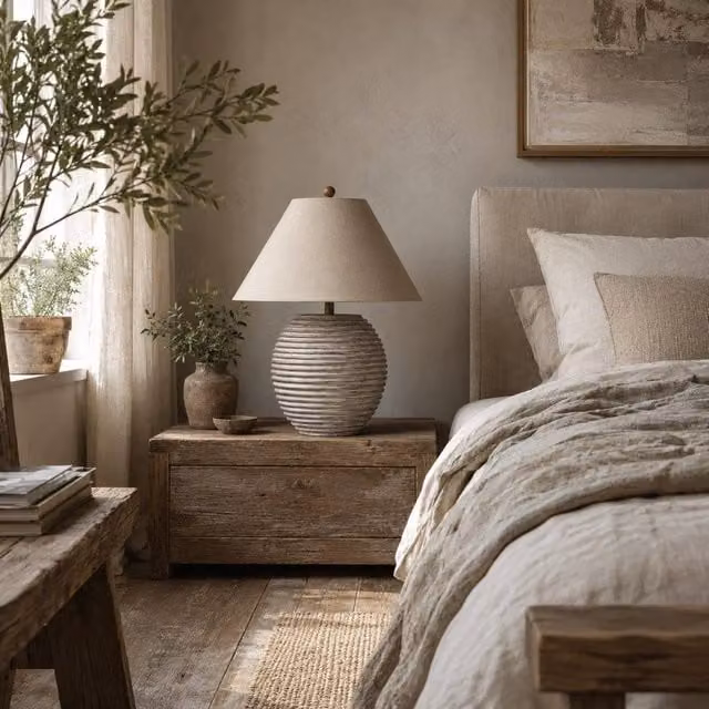 Wyld Haus Montresor Ribbed Ceramic Table Lamp with Cream Linen Shade in Brown and Aged Wood Finish – 1