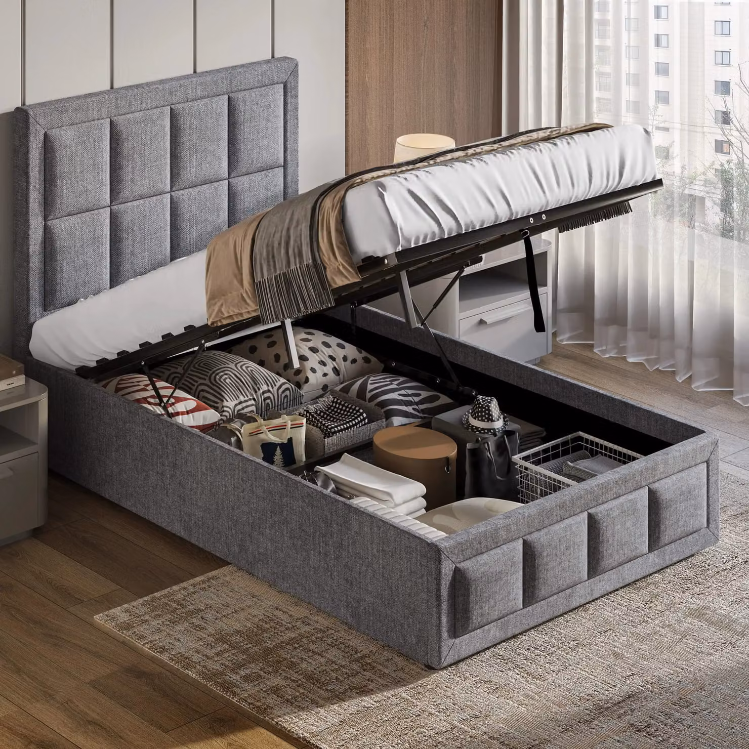 DHS Grey Upholstered Linen Ottoman Bed Frame with Lift Up Storage, Single (90 x 190 cm)