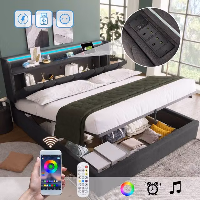 Rolipo Grey Upholstered 4ft6 Double Bed with Lift Up Storage Base, LED Underbed Lighting and USB Charging Ports, W/D/H: 140 x 200 x 137 cm