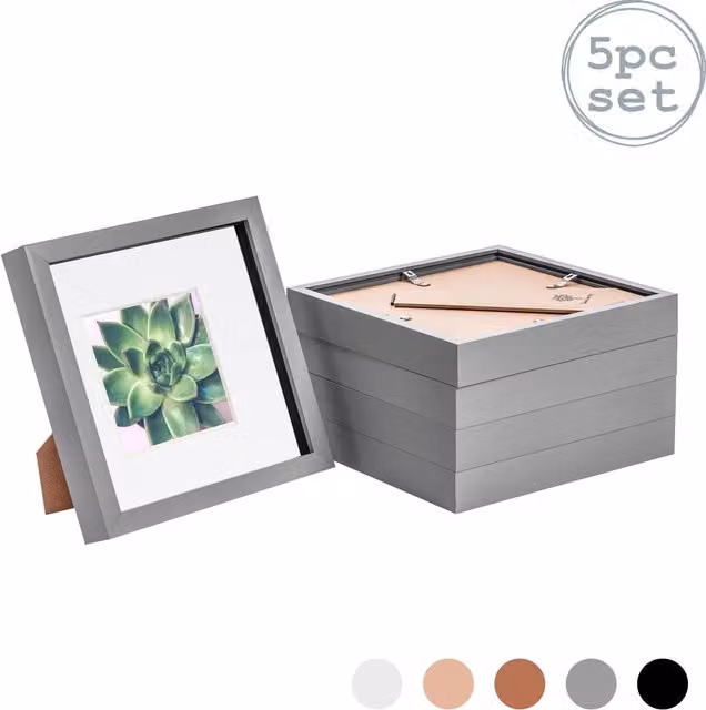 Nicola Spring Pack of 5 Square 3D Box Photo Frames in Grey and White, W/H: 20.32 x 20.32 cm with 10.16 x 10.16 cm Mount