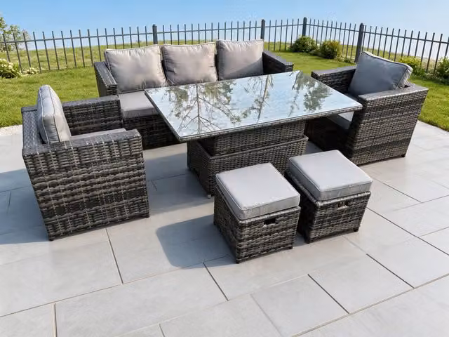 Fimous Modern Rattan Sofa Set with Adjustable Rising Dining Table in Dark Grey Mixed