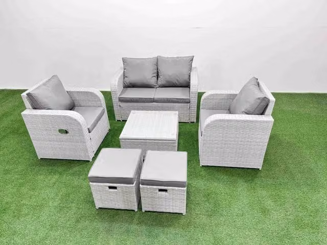 Fimous 6 Seater Grey PE Wicker Rattan Garden Furniture Set with Adjustable Reclining Chairs, Square Coffee Table and 2 Small Stools