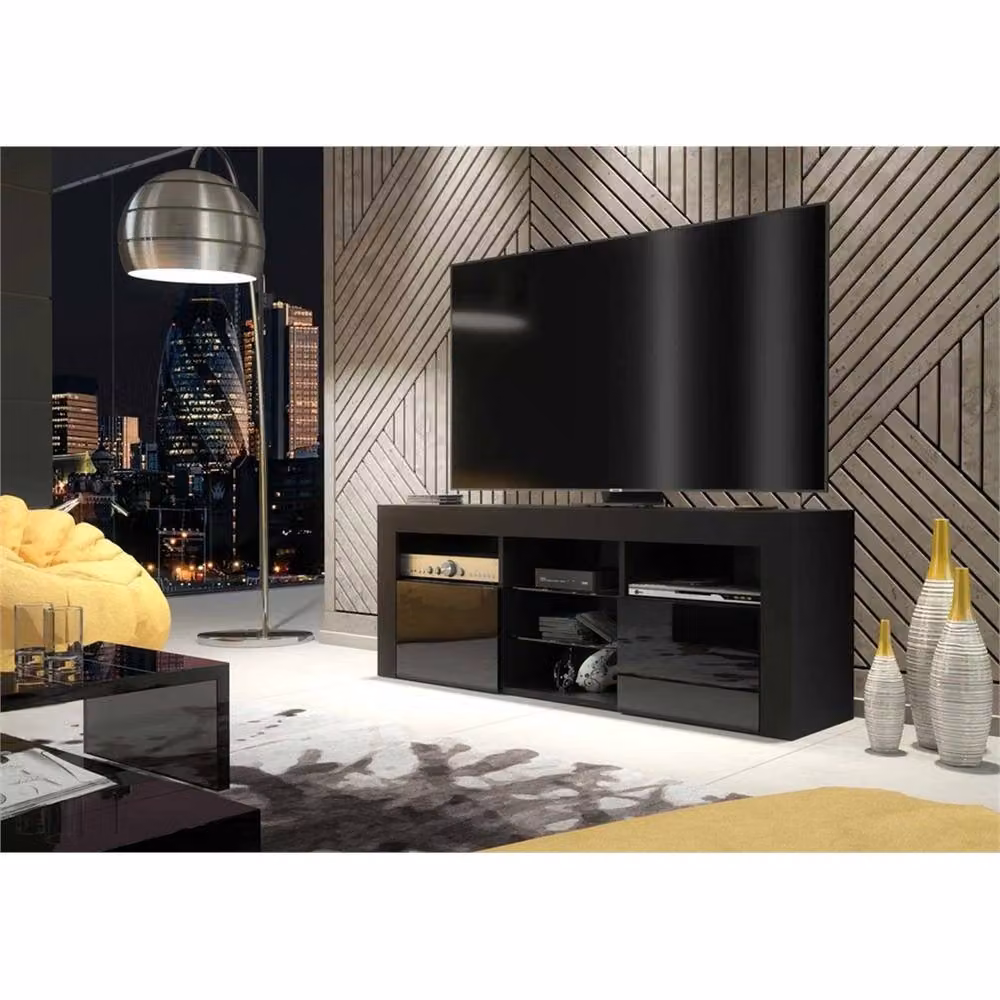PAWNORA Modern Black TV Unit with Matt Body and High Gloss Fronts – 3