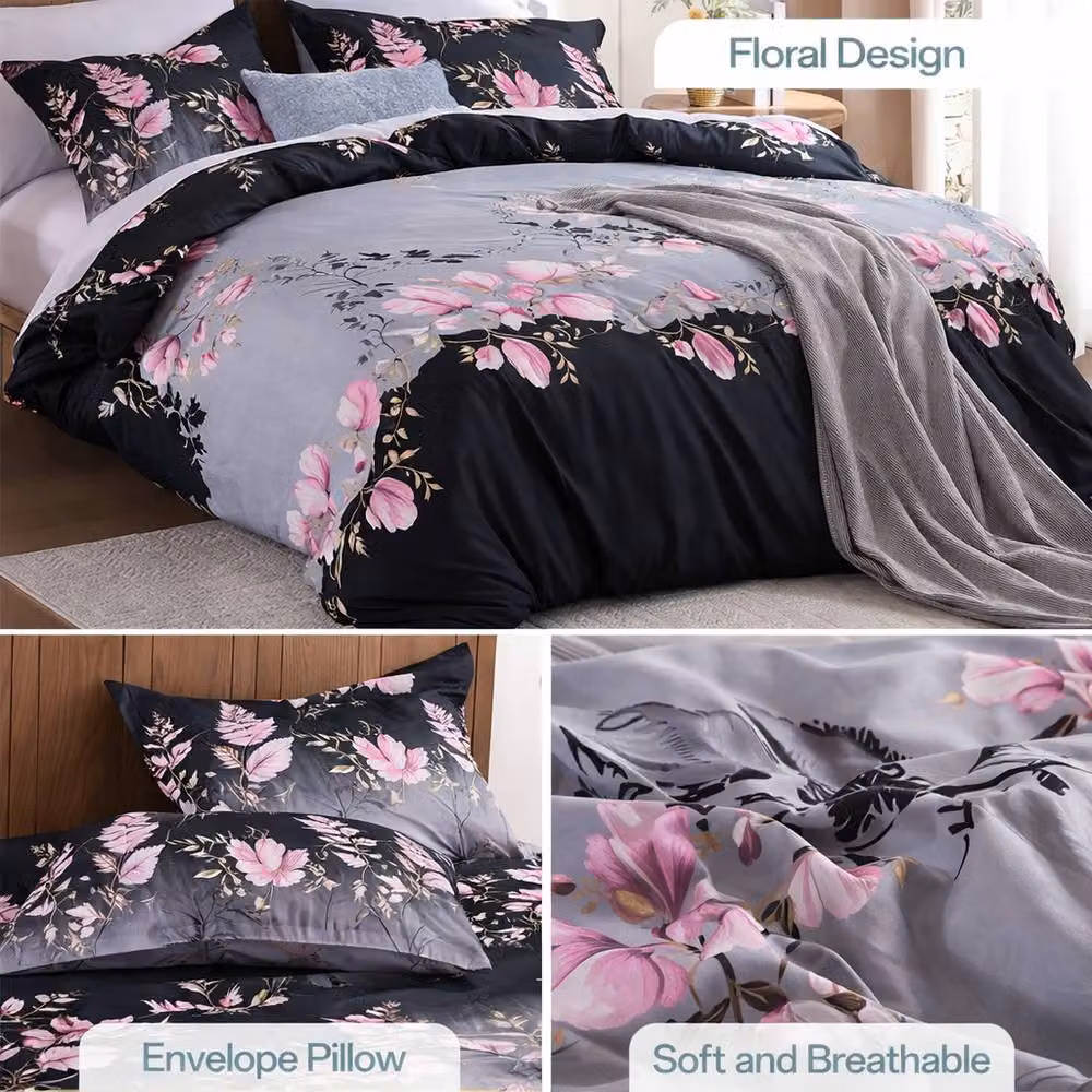 Homes-Linen 4 Piece Microfibre Bedding Set with Pink Floral Design, Double Size (140 x 200 cm) – 3