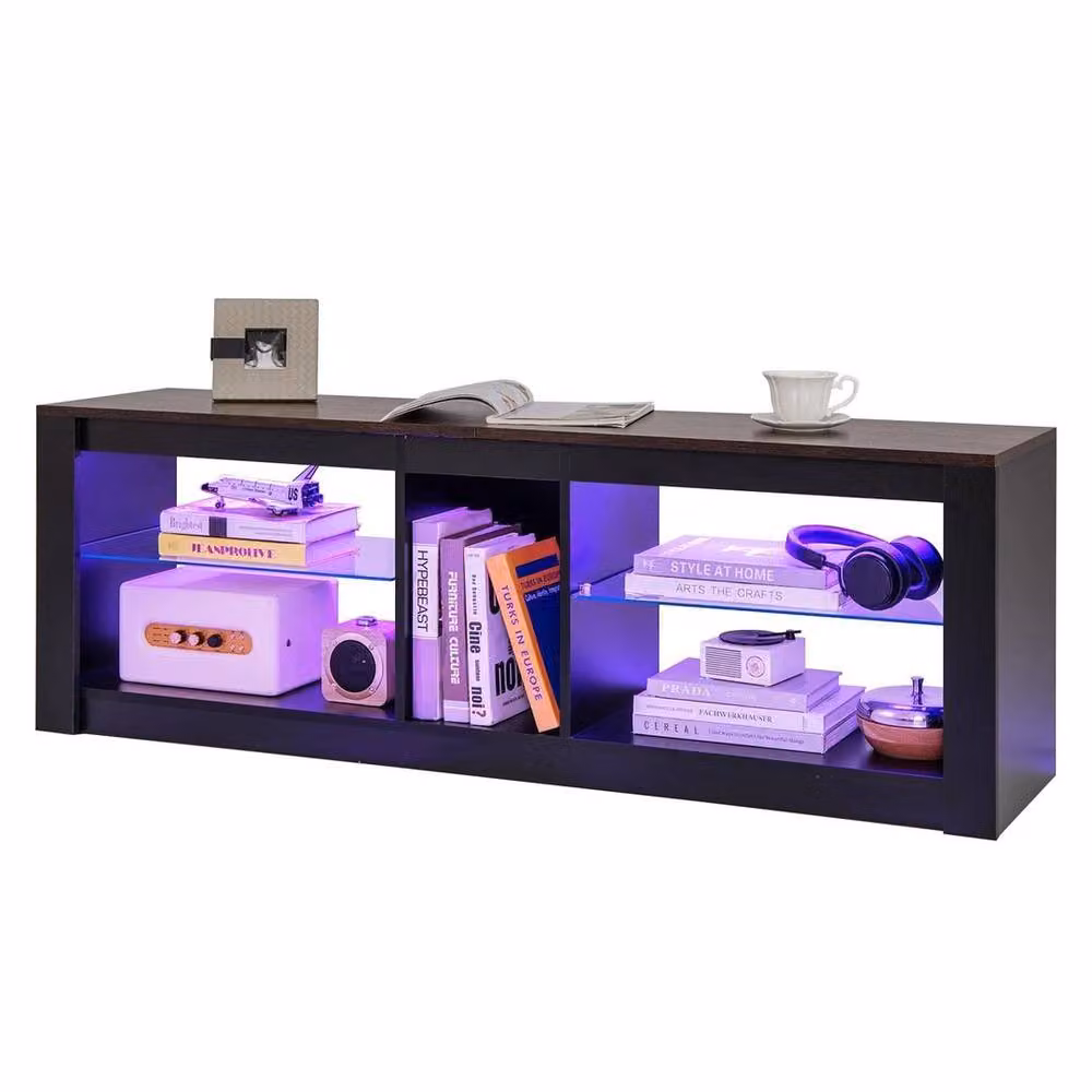 SPETLEK Modern Black TV Stand Entertainment Centre with LED Light and Glass Details W/D/H: 140.0 x 47.0 x 0.6 cm – 4