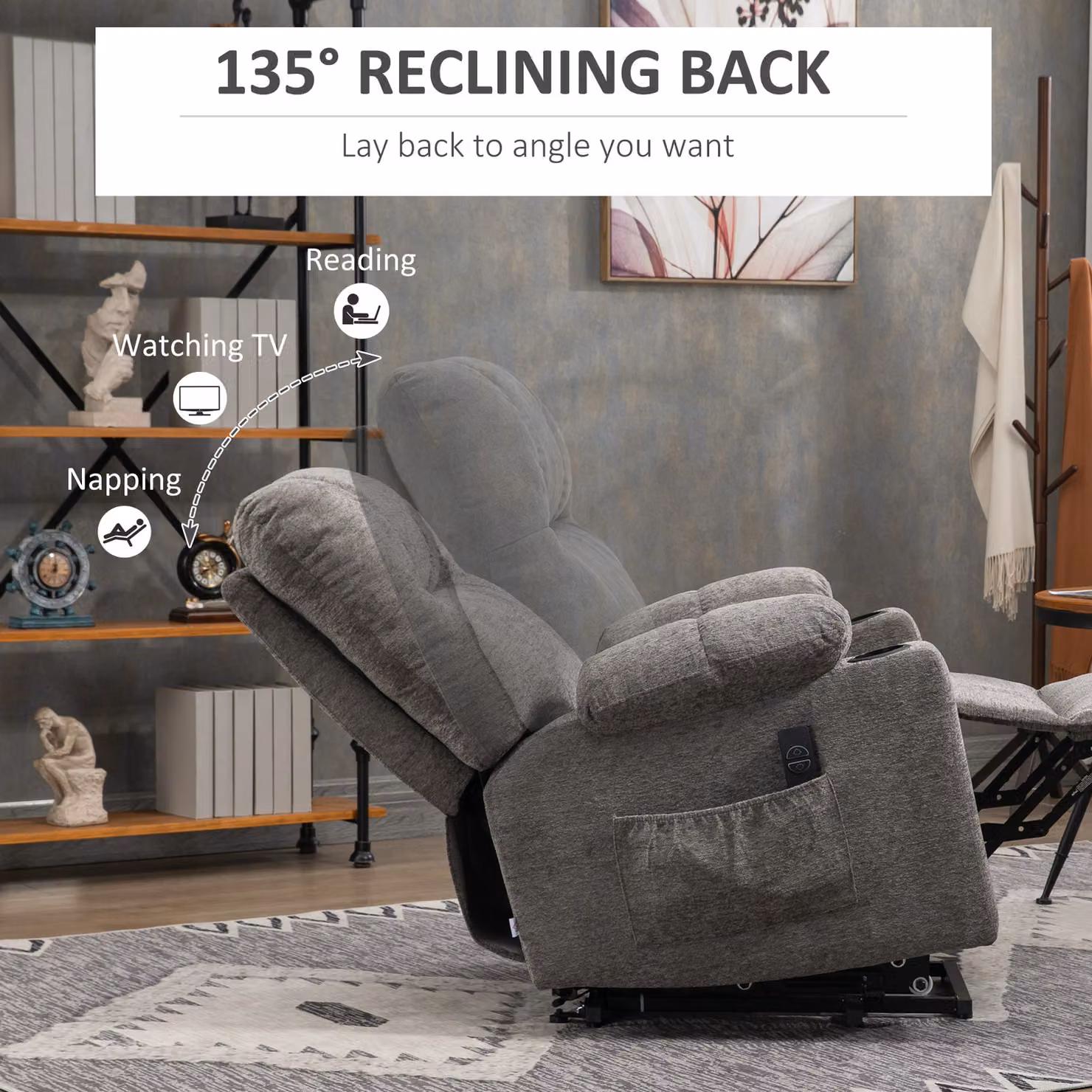 HOMCOM Grey Velvet Electric Power Lift Riser and Recliner Chair for Seniors with Armrests – 5