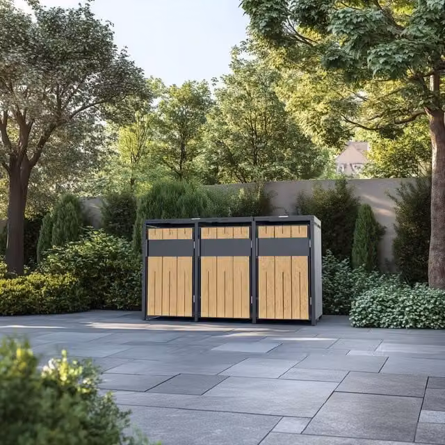 Phoenix Safe Company Outdoor Triple Wheelie Bin Store for 3 x 240L Bins, Oak Effect Metal Storage in Brown, W/D/H: 80 x 116 x 80 cm – 1