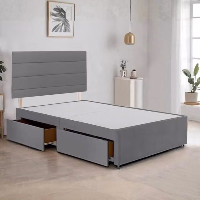 Bed Time UK Plush Divan Bed Frame with 20 Inch Horizontal Headboard and 2 Drawers in Grey, W/D/H: 140 x 200 cm