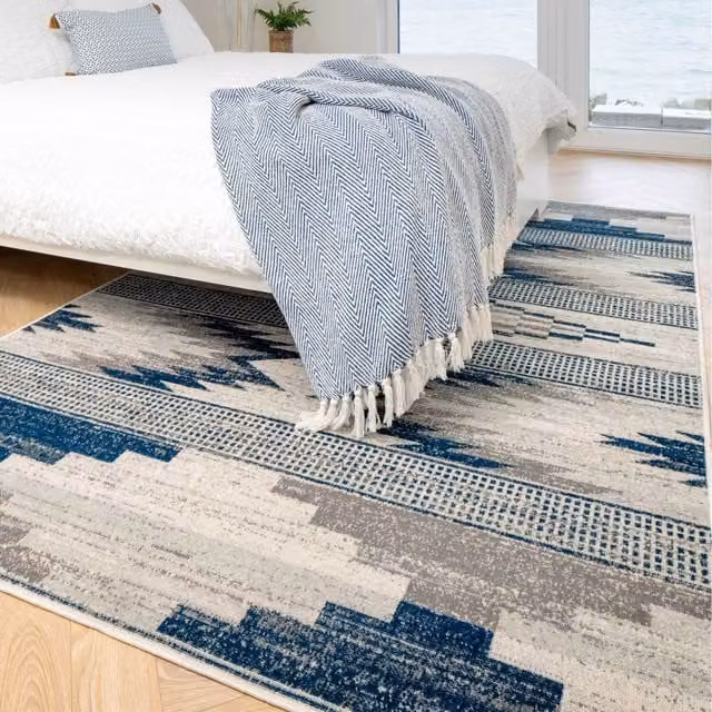 The Rug House Tribal Geometric Low Pile Soft Living Area Rug in Blue and Grey, W: 170 cm, D: 120 cm