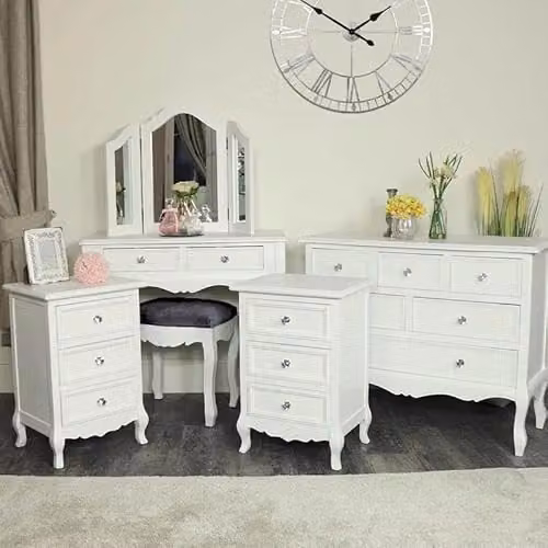 Melody Maison Victoria Range White and Grey Shabby Chic Bedroom Furniture Set including Large Chest of Drawers, Dressing Table with Mirror and Pair of Bedside Tables