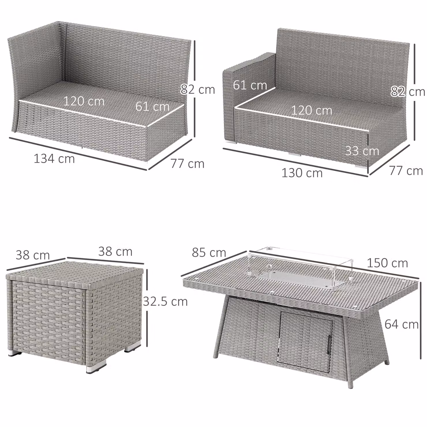 OUTSUNNY 7 Piece Grey Polyrattan Garden Furniture Set with 50,000 BTU Fire Pit Table and Upholstered Cushions – 3