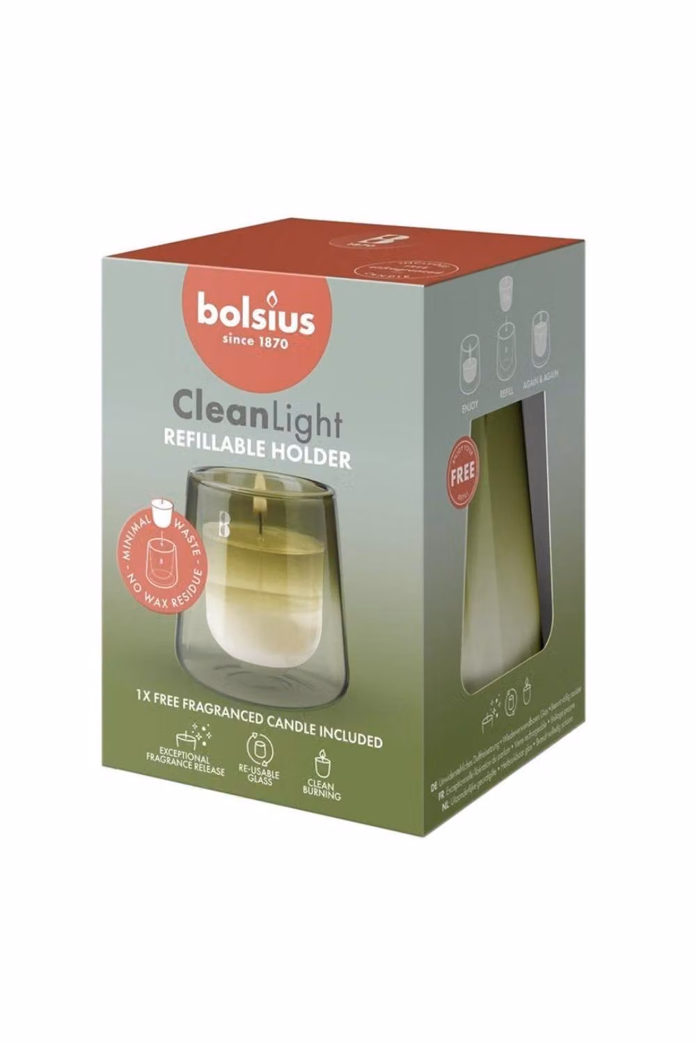 Bolsius Green Glass Clean Light Starter Kit with Gardenia and Fig Scented Tealight Votives – 2
