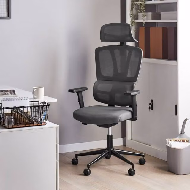 Wyld and Coco Ergonomic Grey Fabric Mesh Office Chair with Adjustable Headrest, Armrests and Seat Depth