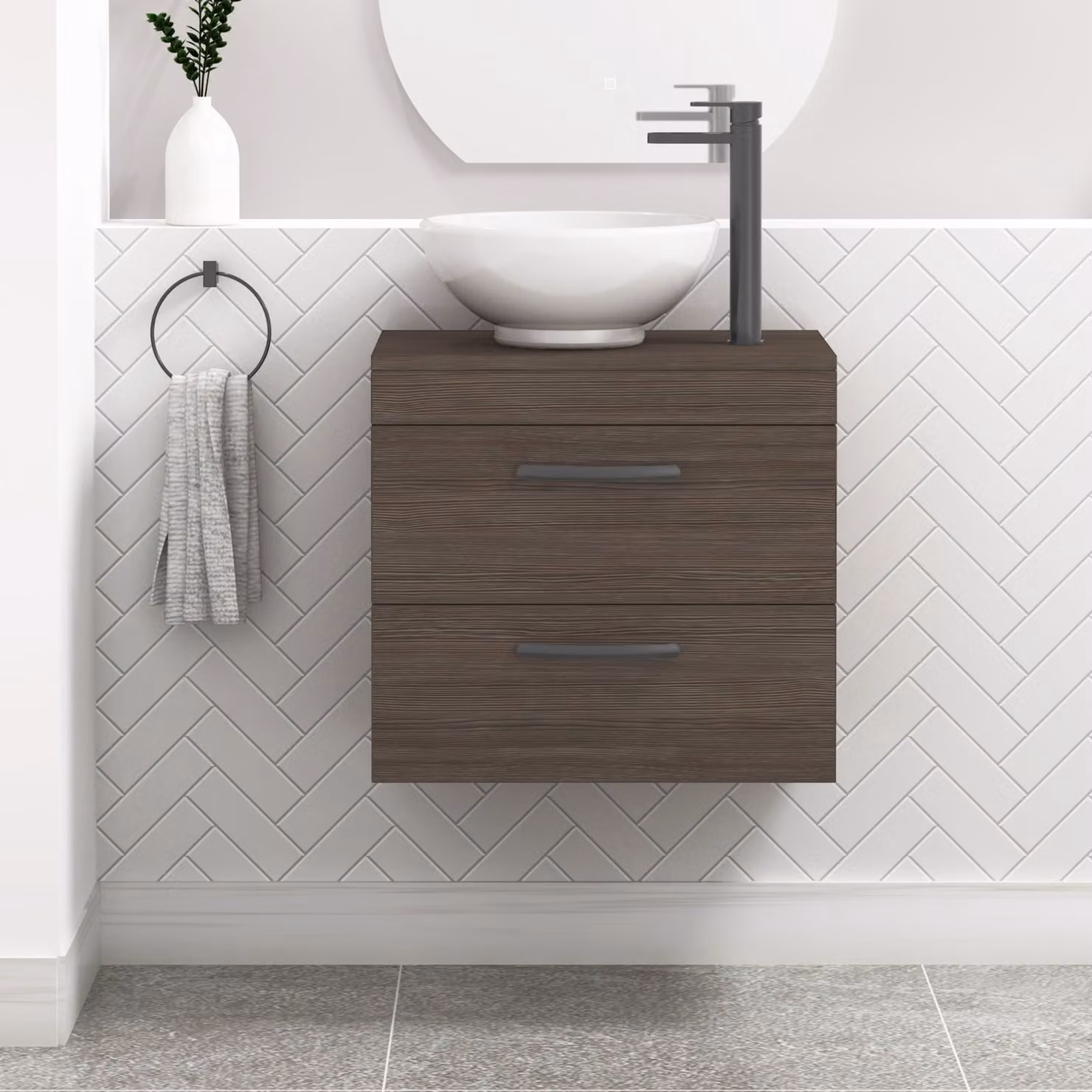 Royal Bathrooms Grey Elm Wall Hung Vanity Unit with Breeze Countertop Basin and Matt Black Handles, Width: 60 cm