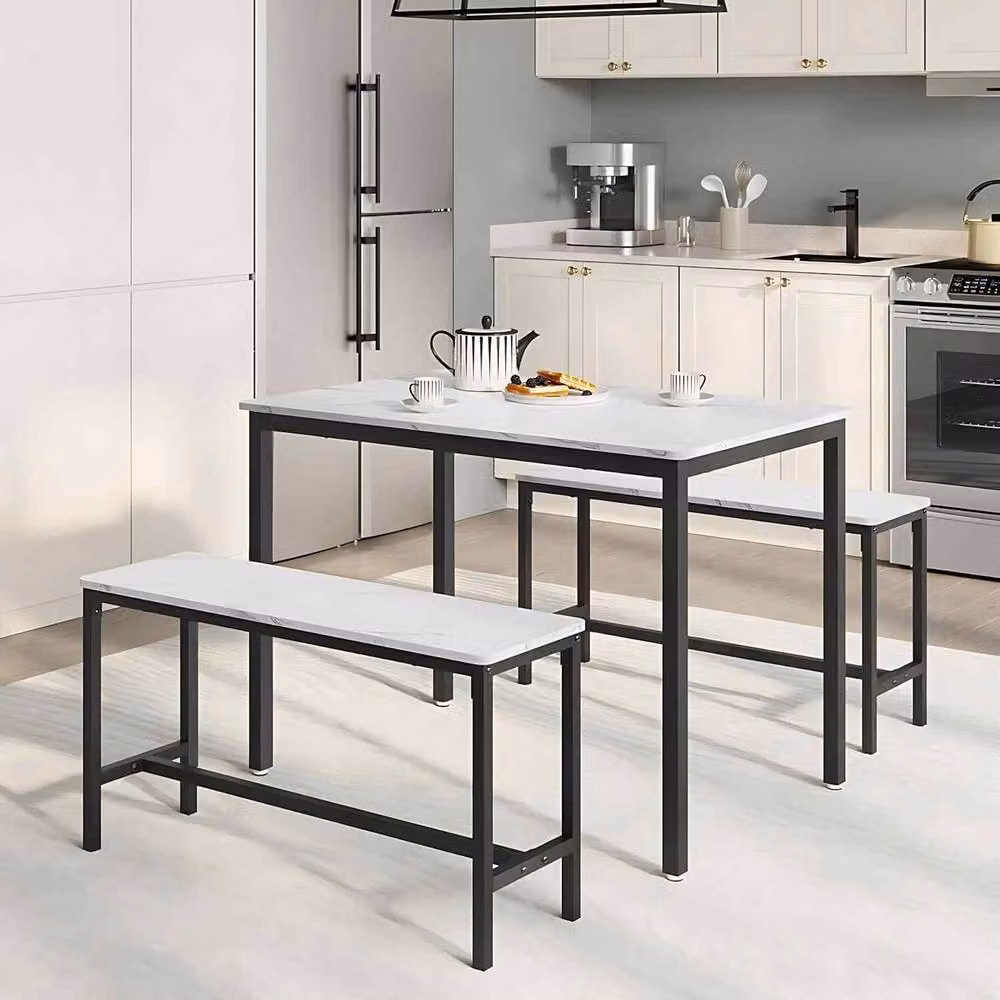The Bazaarist 3 Piece Industrial Dining Table and Bench Set for 4, White and Black Marble Effect – 3
