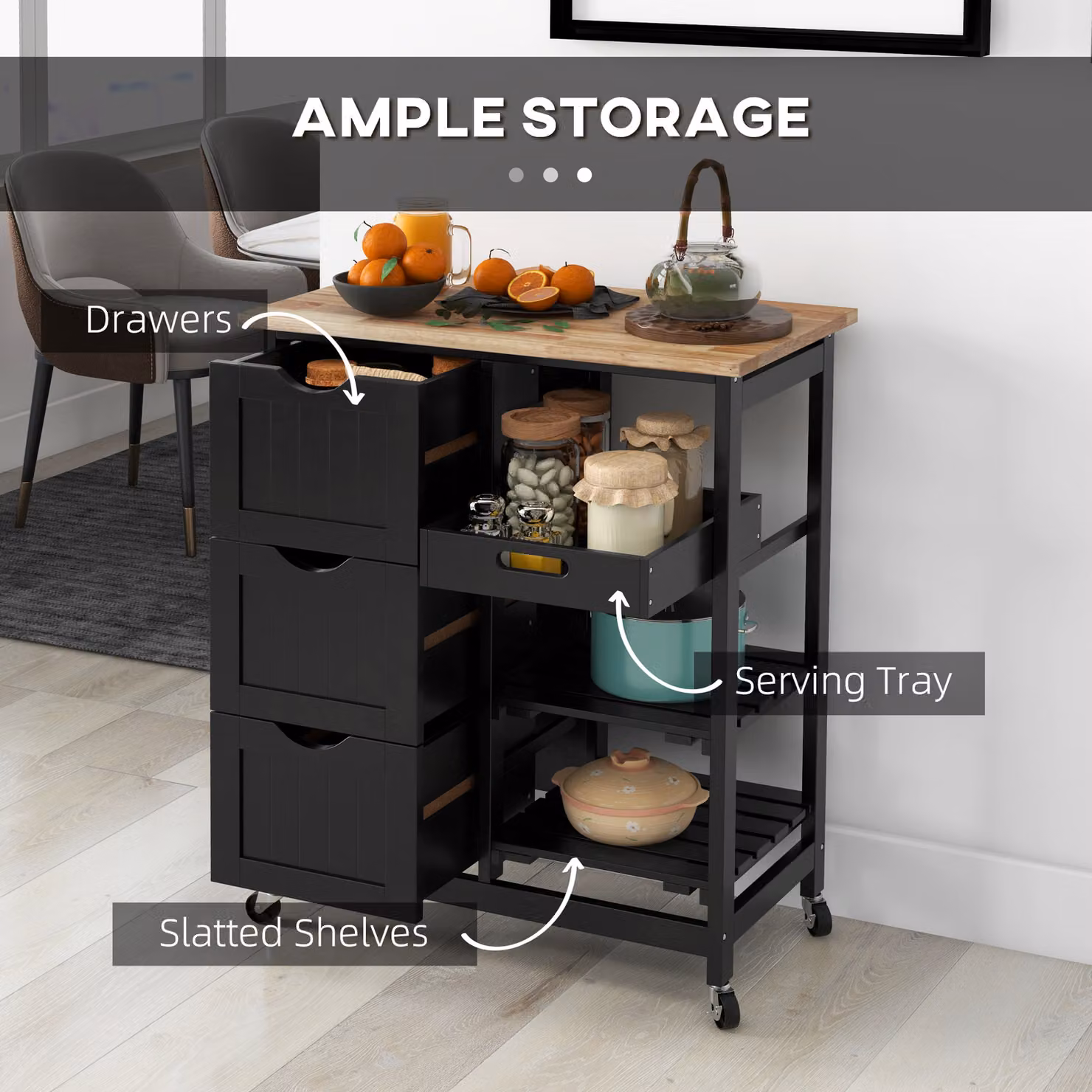 HOMCOM Black Rolling Kitchen Island Cart with Wood Top, Shelves and Drawers – 4