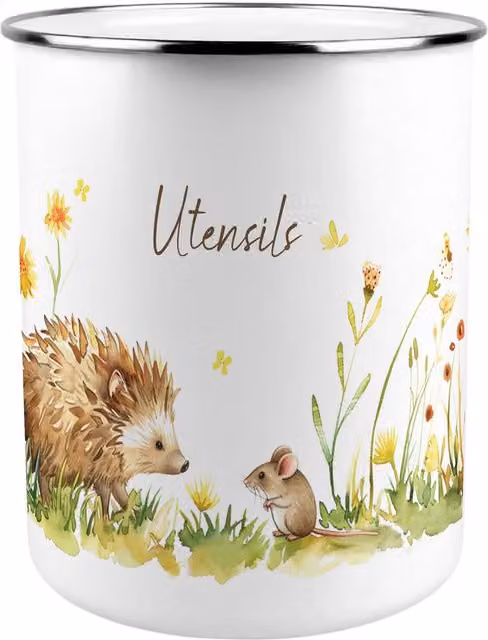 Purely Home Ceramic Hedgehog and Mouse Freestanding Kitchen Utensil Holder, Multicoloured and White