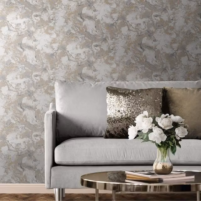 Muriva Elixir Liquid Marble Effect Abstract Wallpaper in Grey and Gold