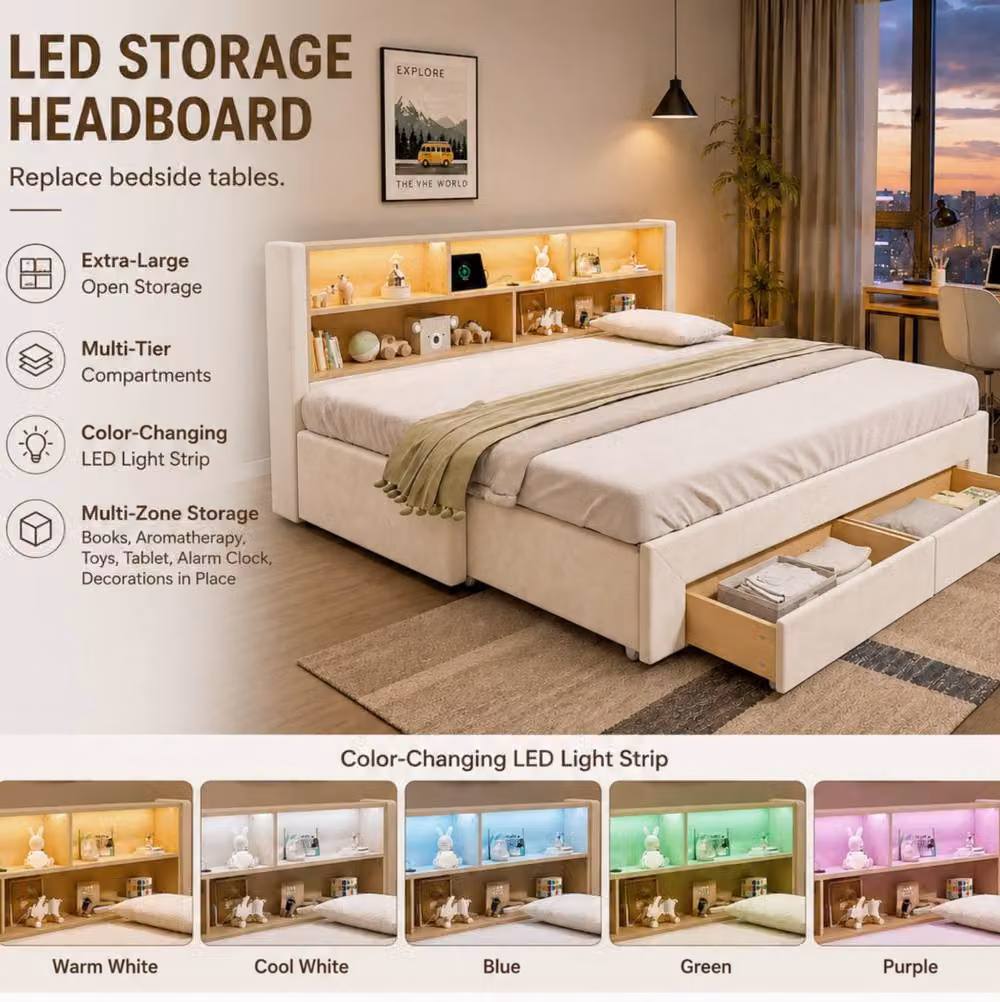 STILVORA 3-in-1 Extendable Single Sofa Bed Frame with LED Headboard, USB Charging and Storage Drawers in Beige Velvet Fabric, W/D/H: 90 x 190 cm – 5