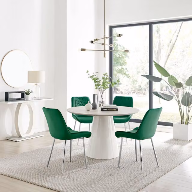 FurnitureboxUK Palma Beige Stone Effect Round Dining Table and 4 Pesaro Silver Chairs in Green
