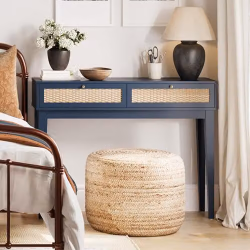 LPD Bordeaux 2 Drawer Dressing Table in Blue and Oak with Gold Details, W: 110 cm, D: 32 cm, H: 84.5 cm – 2