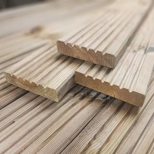 Snowdon Timber Treated Reject Decking Board, Pack of 10, Natural/Brown, W: 95 mm, H: 19 mm, L: 2.4 m