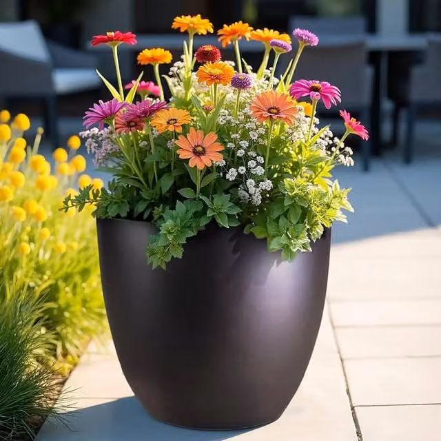 Idealist Set of 3 Round Outdoor Plant Pots in Black Ceramic and Concrete