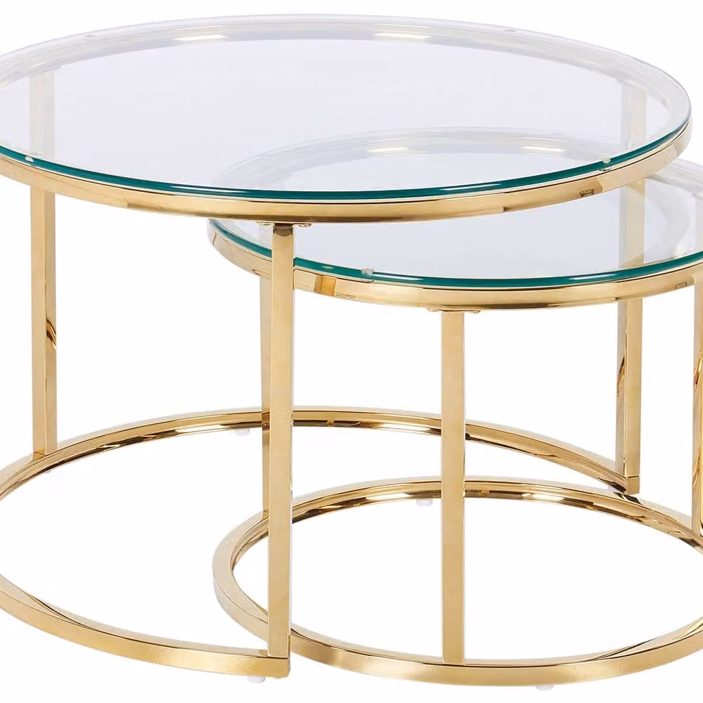 Wyld and Coco 2-Piece Round Nesting Tables with Gold Stainless Steel Frame and Glass Tops – 2