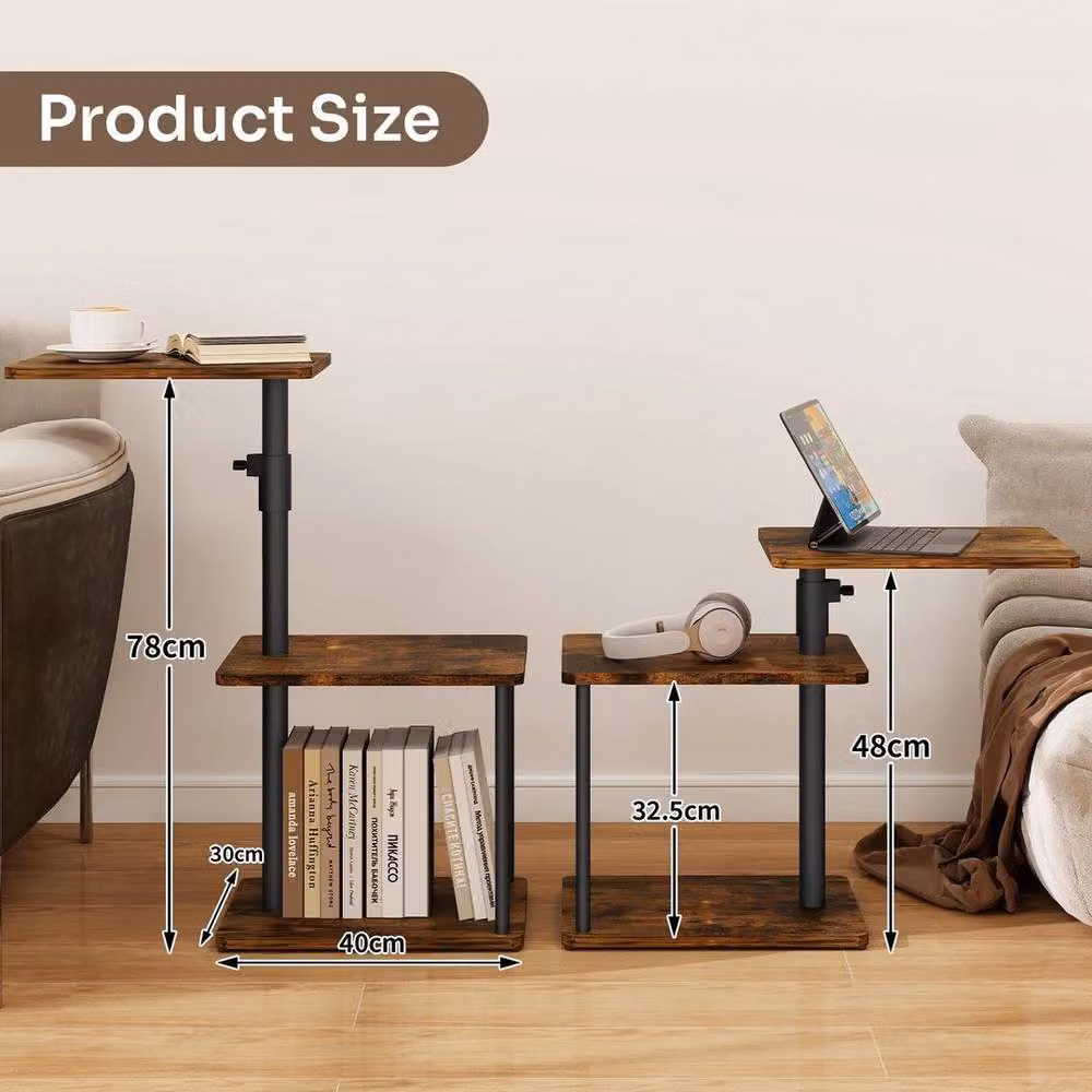 EONLION Height Adjustable 3 Tier Sofa Side Table with Rotating Top in Brown – 2