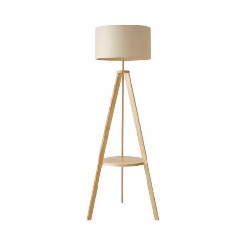 ValueLights Morrigan Modern Wood Tripod Floor Lamp with Beige Fabric Cylinder Shade, H 148 cm x W 45 cm x D 45 cm