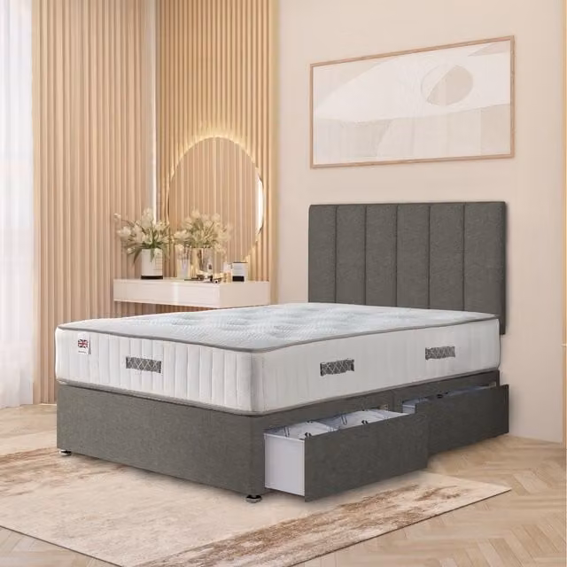 Somnior Beds Ltd Austin Hybrid Orthopaedic Mattress with Linen Fabric Storage Divan Bed and 32 inch Headboard, Silver/Grey, W: 180 cm, D: 200 cm
