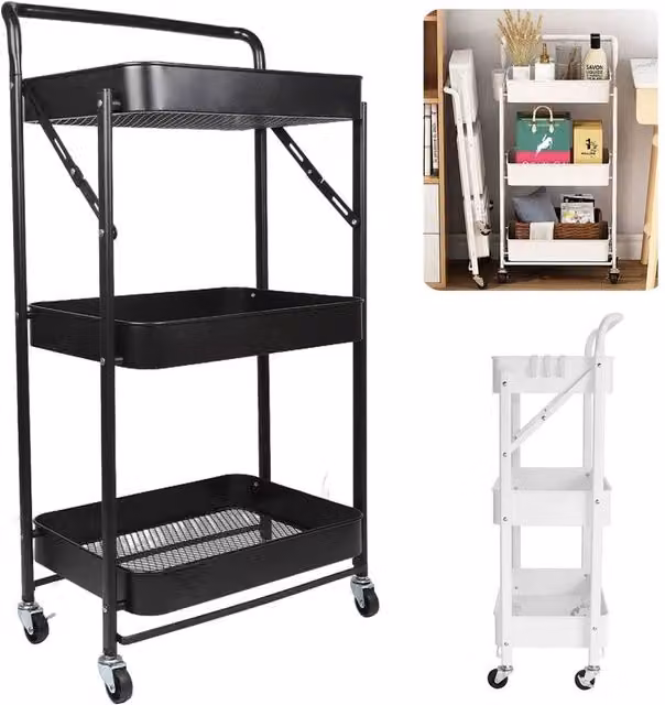 PAWNORA Black 3 Tier Folding Metal Storage Trolley Cart with Rolling Shelves