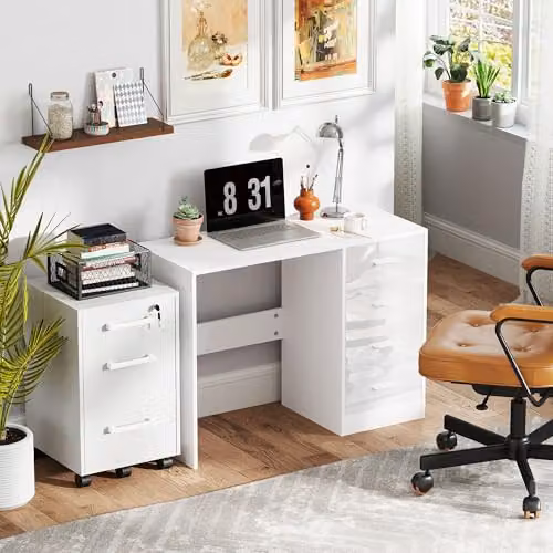 HOMCOM High Gloss Computer Writing Desk with Drawers, White – 7
