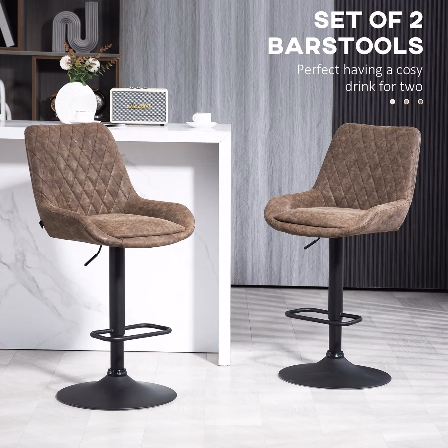 HOMCOM Set of 2 Padded PU Leather Bar Stools with Metal Base, Brown – 4