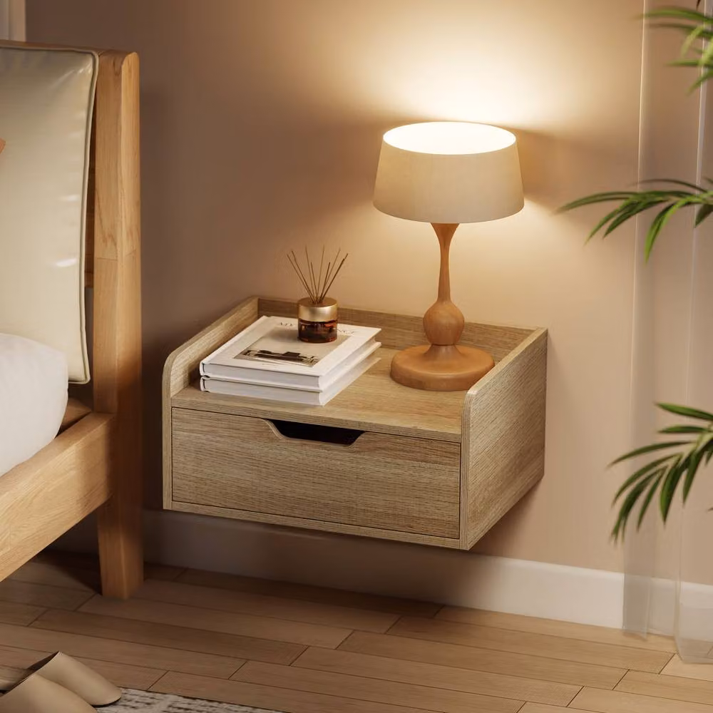 STILVORA Set of 2 Floating Bedside Tables with Drawer in Natural Brown and Beige – 5