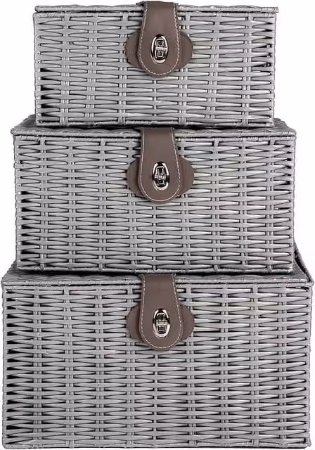 MantraRaj Set of 3 Woven Wicker Hamper Storage Baskets in Grey