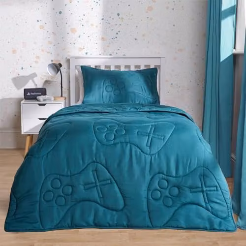 OHS Double Coverless Gaming Quilted Microfibre Duvet and Pillowcase Set, 7.5 Tog, Petrol Green, W/D/H: 200 x 200 cm – 1