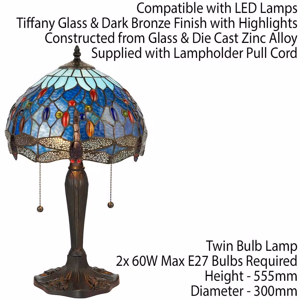 Loops Tiffany Glass Table Lamp with Blue Dragonfly Shade and Dark Bronze Base – 2