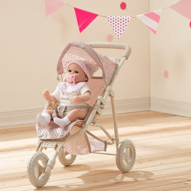 Teamson Kids Polka Dot Princess Baby Doll Buggy in Pink and Grey