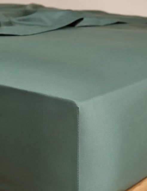 M&S Egyptian Cotton 400 Thread Count Mako Satin Silky Deep Fitted Sheet in Smokey Green, W/D/H: 140 x 200 x 30 cm