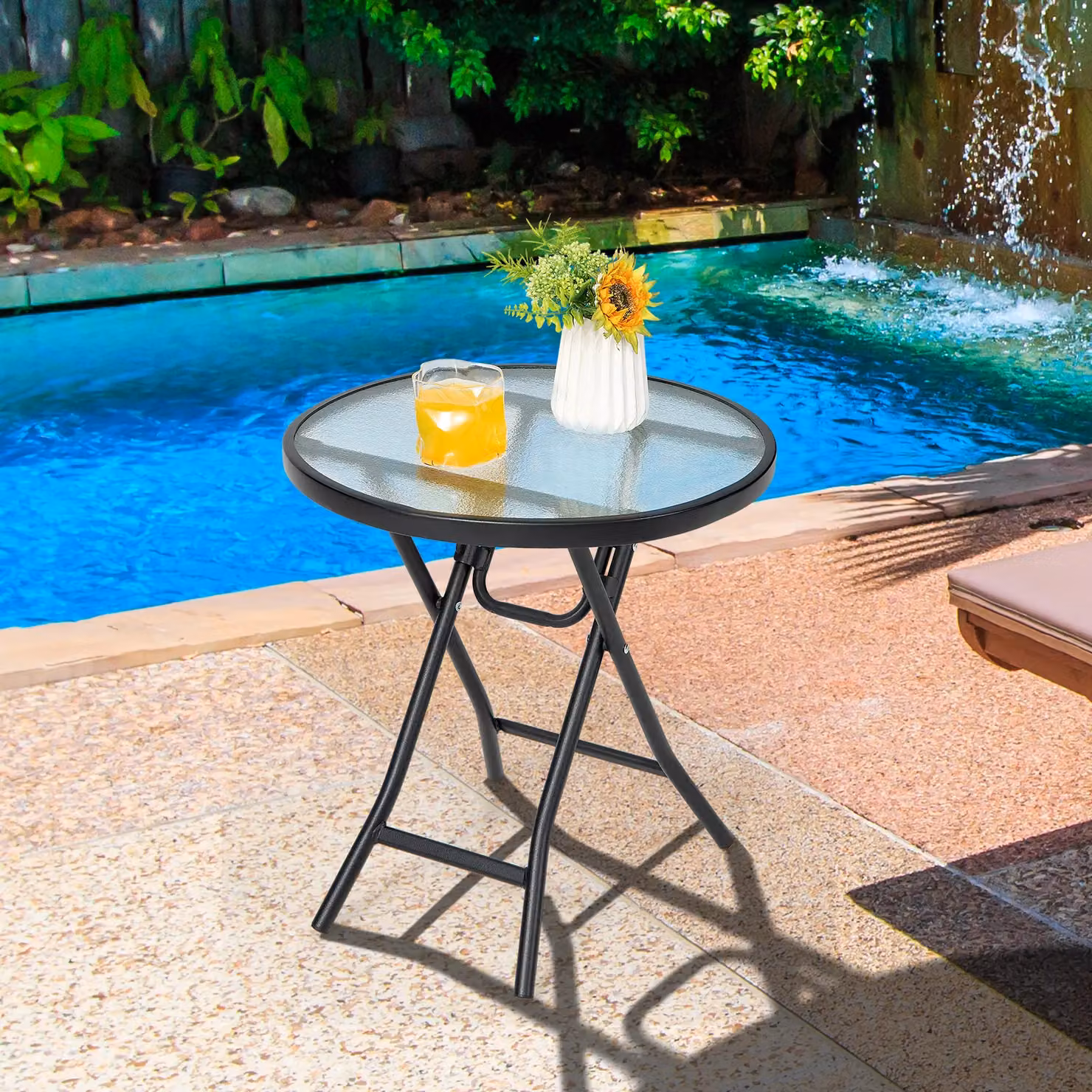 Costway Round Glass Patio Folding Side Table in Black, Diameter: 46 cm – 4