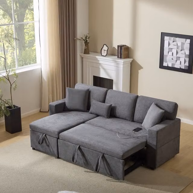 Aosom UK L-Shaped Corner Sofa Bed in Dark Grey Oxford Fabric with Extendable Bed Box, Integrated Shelf and USB Port, W/D/H: 131 x 214 x 87 cm – 1