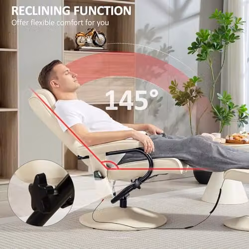 HOMCOM Swivel Recliner Chair with Footstool in Cream White PU Leather – 3