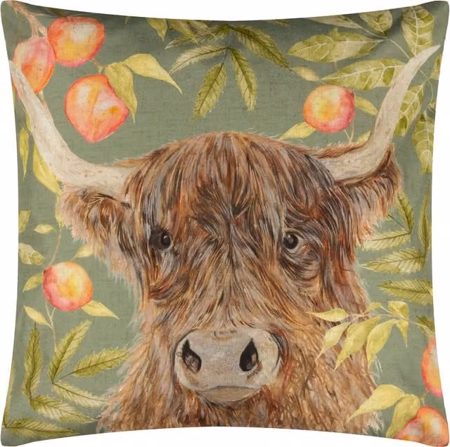 Terrys Green Highland Cow Outdoor Filled Square Cushion, W/D/H: 43 x 43 x 43 cm