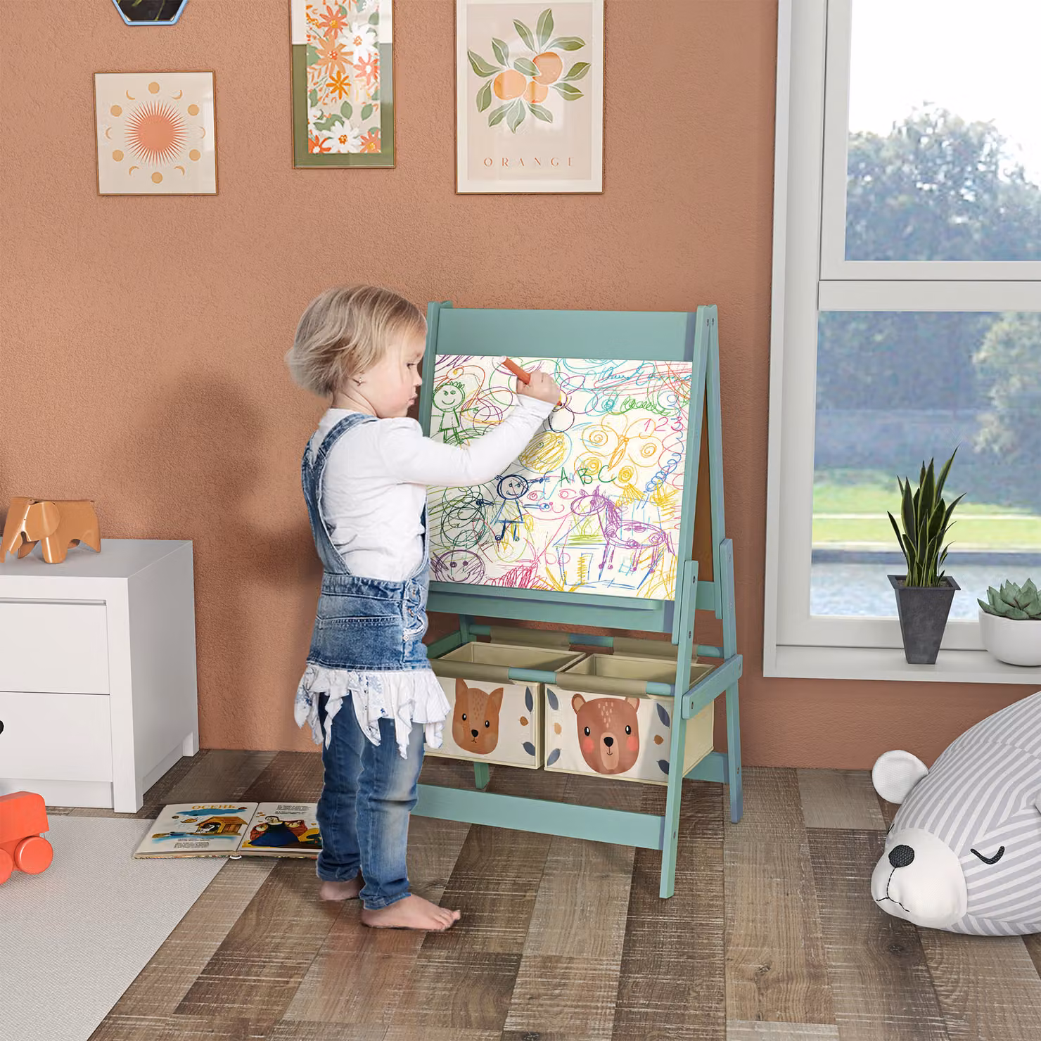 AIYAPLAY 3-in-1 Kids Easel with Paper Roll, Magnetic Whiteboard and Chalkboard with Storage Tray, Green – 2