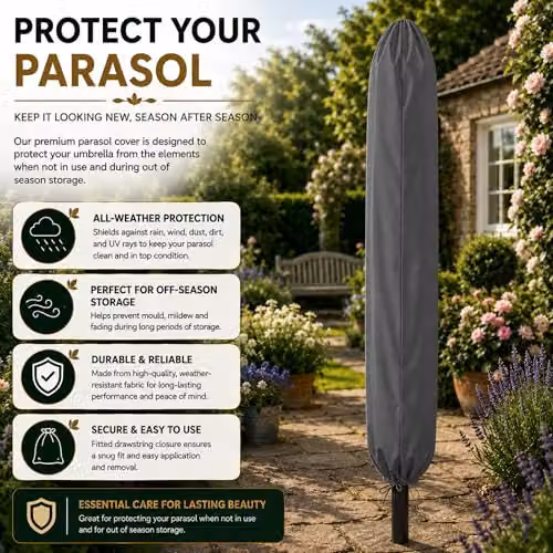 GlamHaus Garden Parasol Umbrella with UPF 40 Protection and Cover, Grey Steel and Polyester – 6