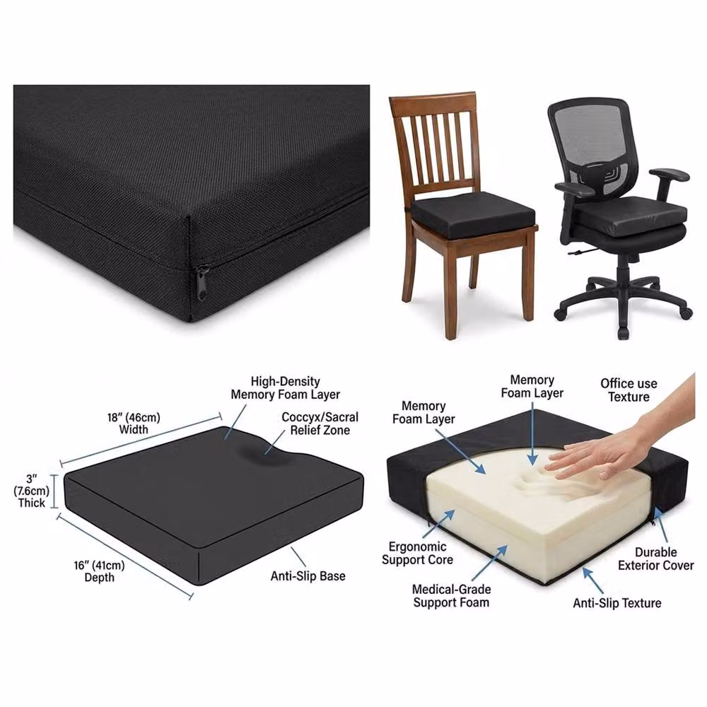 Nordara Black Orthopaedic Memory Foam Cushion with Faux Leather Cover, Antibacterial and Breathable, W/D/H: 40 x 40 x 7.62 cm – 4